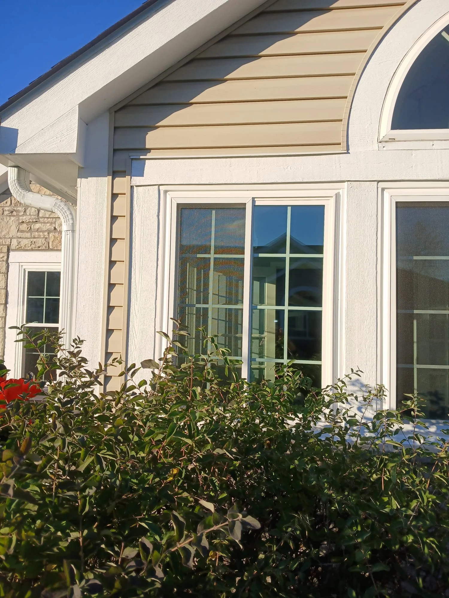 Suburban house window with arched top and white trim on a brick exterior.